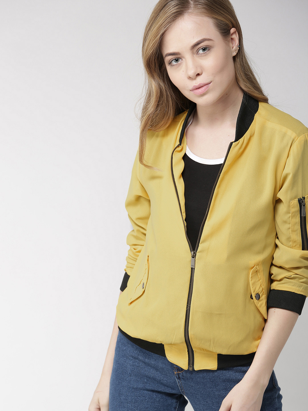 Buy Mast & Harbour Women Mustard Yellow Solid Bomber Jacket Jackets