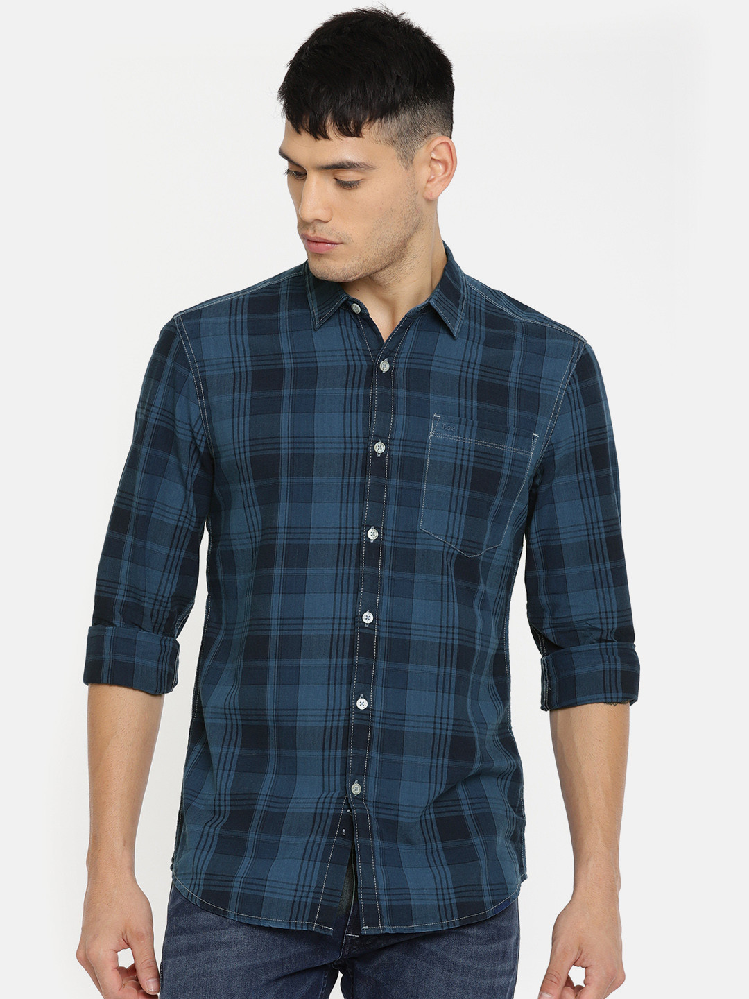 Short sleeve shirt - Checked navy blue main image 1