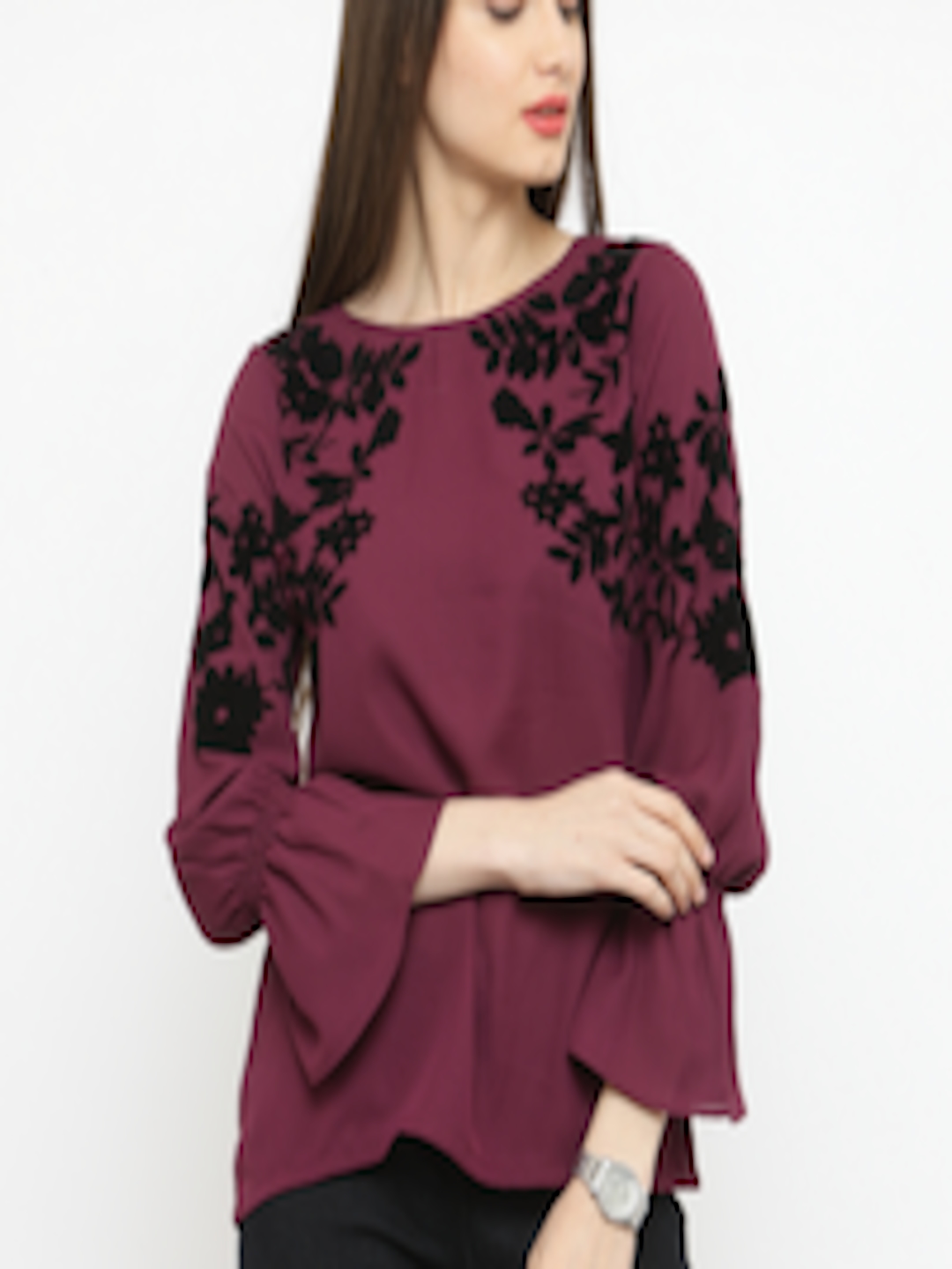 Buy PlusS Burgundy Floral Bell Sleeves A Line Top - Tops for Women ...