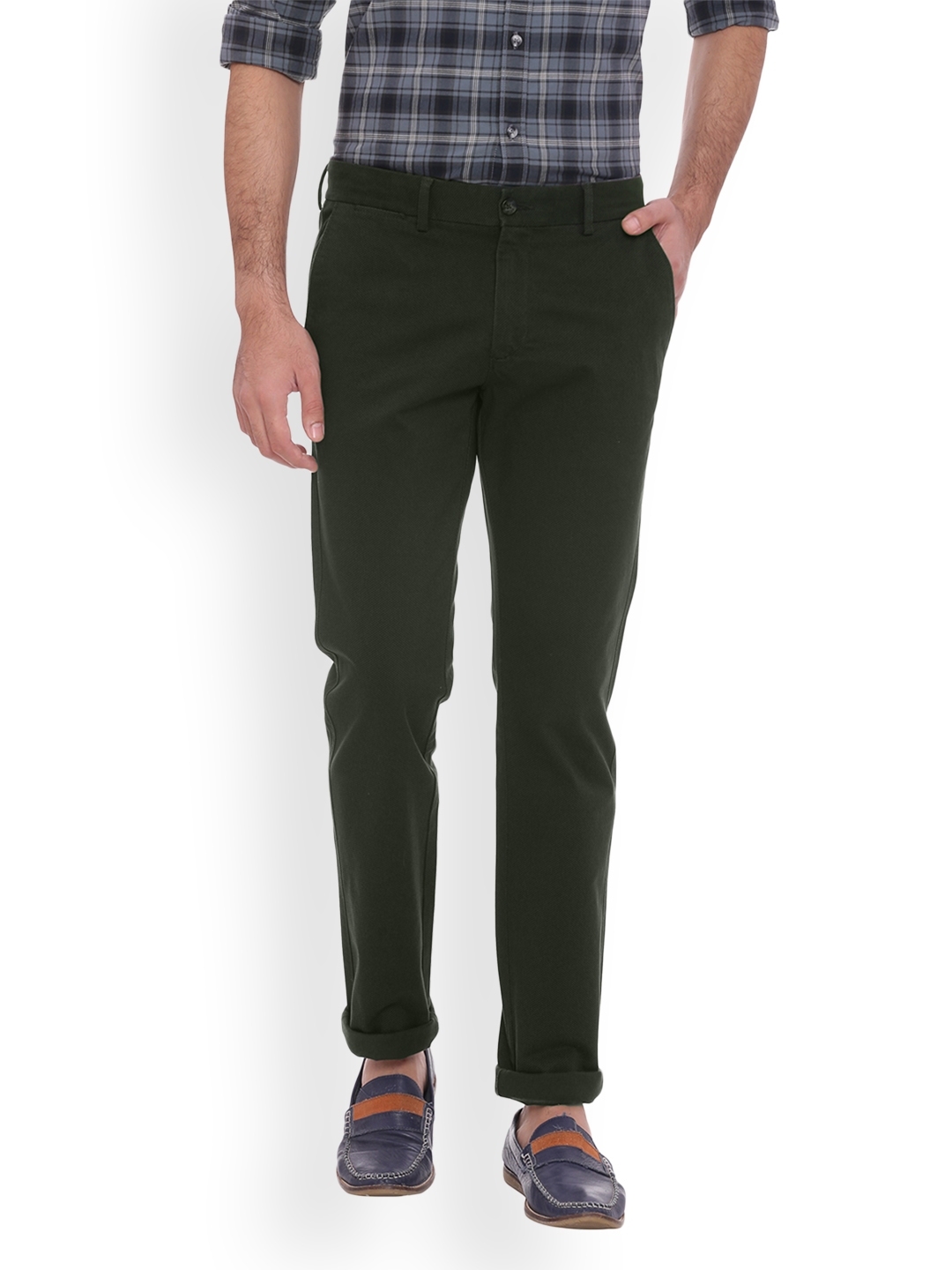 Buy Basics Men Olive Green Tapered Fit Solid Chinos - Trousers for Men ...