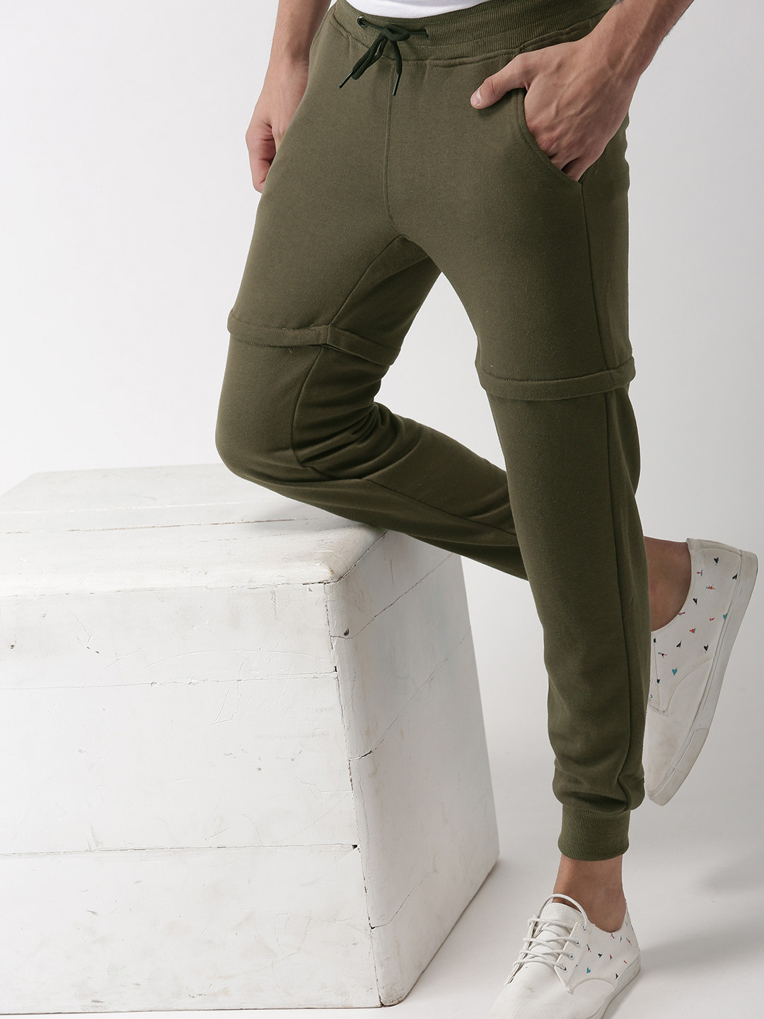 Buy Mast & Harbour Men Olive Green Slim Fit Solid Convertible Joggers