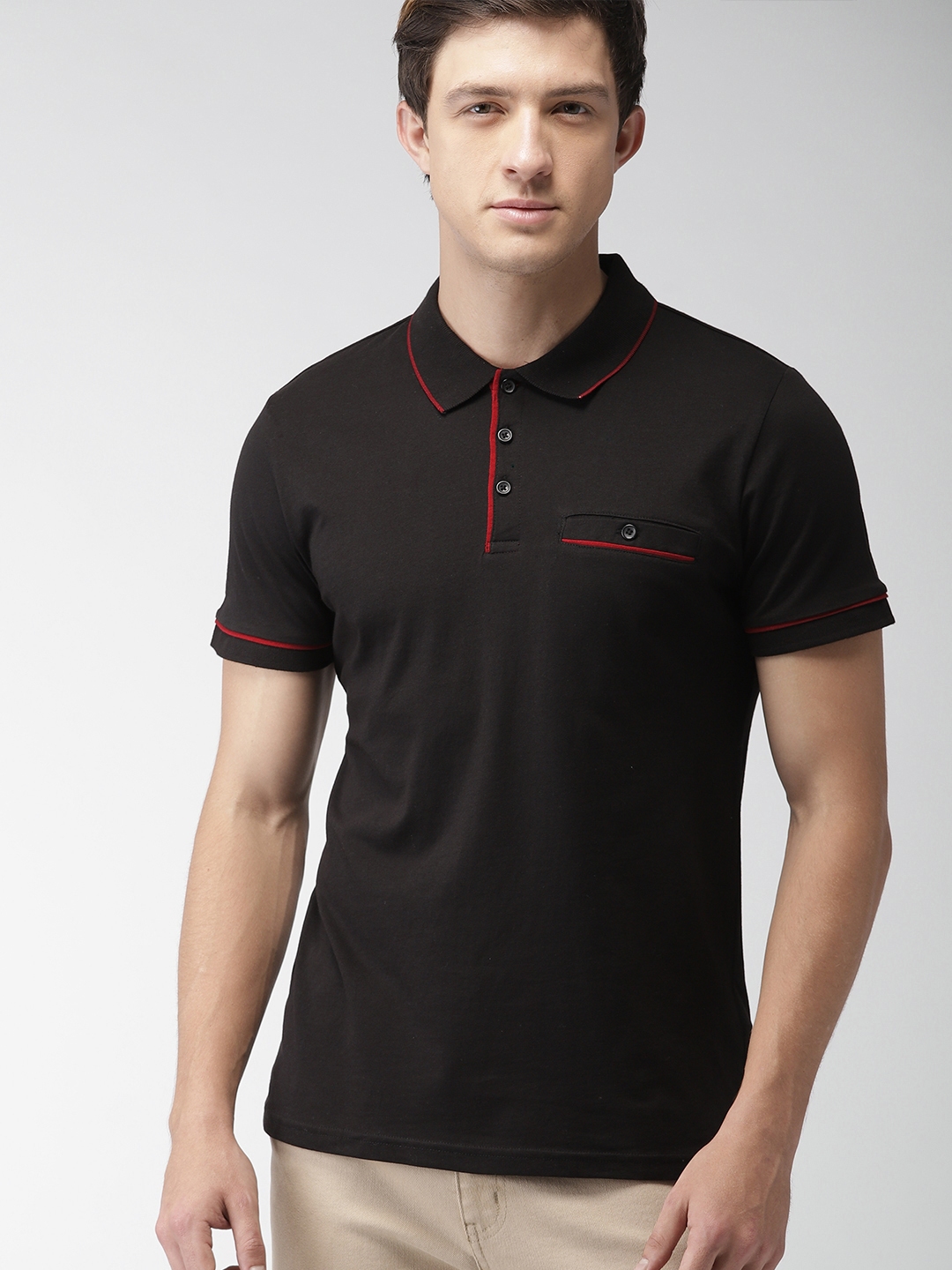 Buy FOREVER 21 Men Black Solid Polo Collar T Shirt With Chest Pocket ...