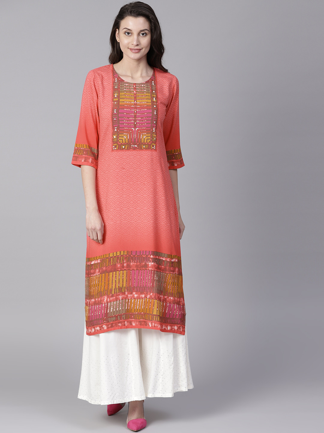 Buy Shree Women Coral Pink Printed Straight Kurta Kurtas for Women