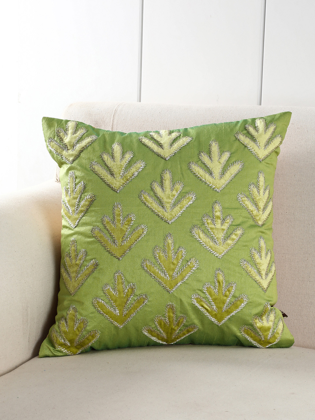 Buy Pure Home And Living Green Single Floral Square Cushion Cover