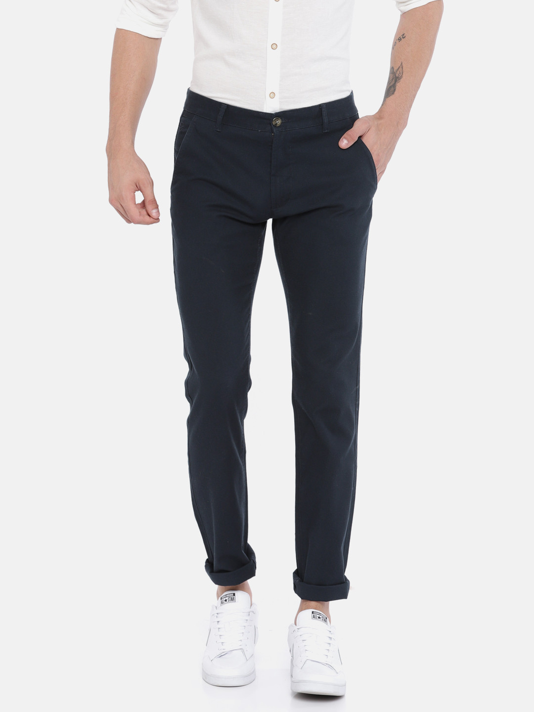 Buy SCULLERS Men Navy Blue Slim Fit Solid Chinos - Trousers for Men ...