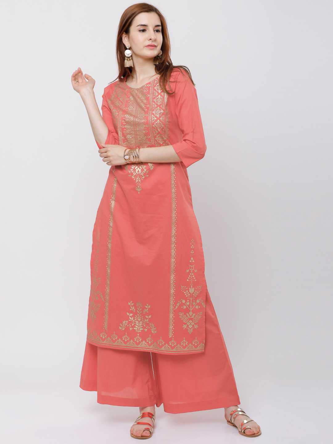 Women'S Coral Pink & Golden Printed Kurta With Palazzos 1