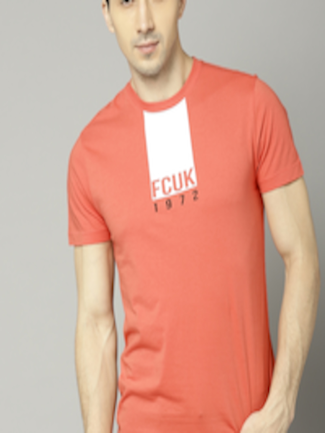 Buy French Connection Men Coral Pink Slim Fit Printed Round Neck T ...