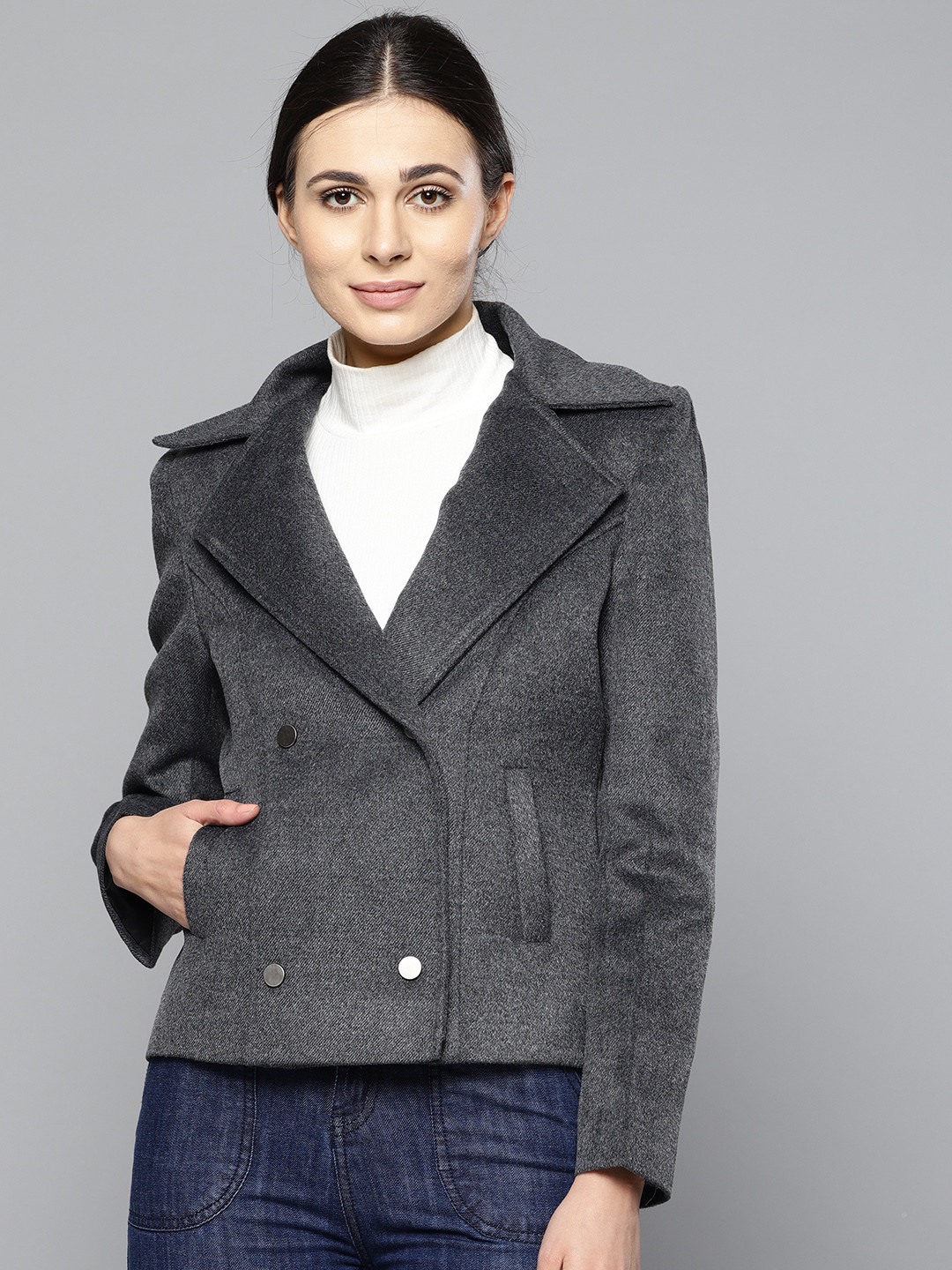 Buy Chemistry Women Charcoal Grey Solid Double Breasted Casual Blazer