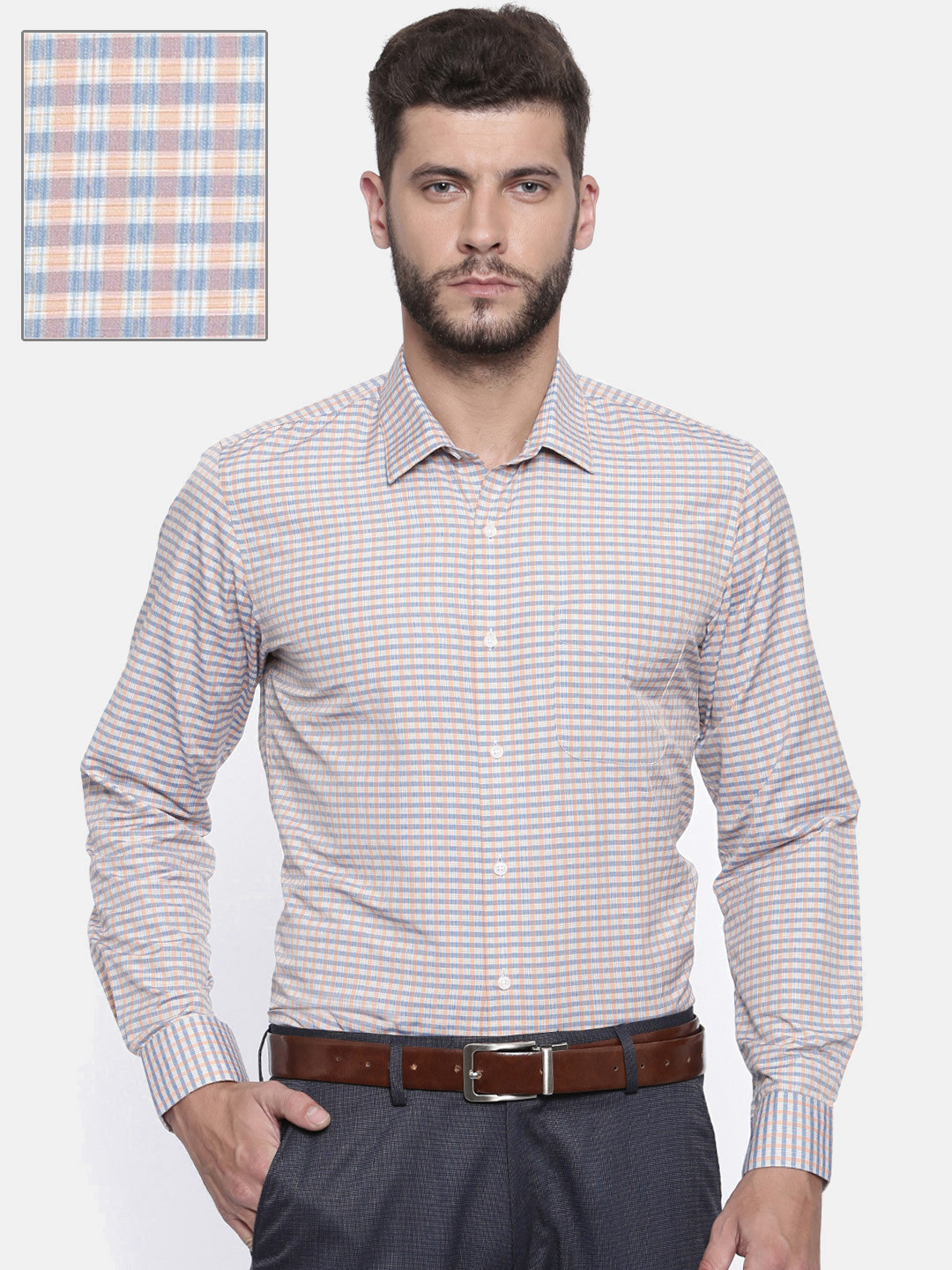 Buy Peter England Men Orange & Blue Slim Fit Checked ...
