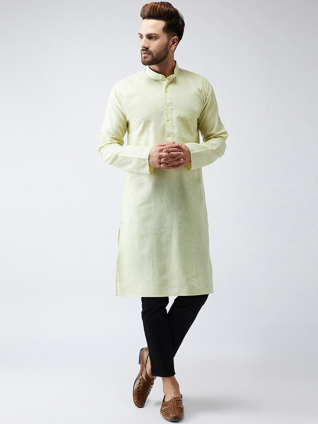Men Mint Green Woven Straight Kurta