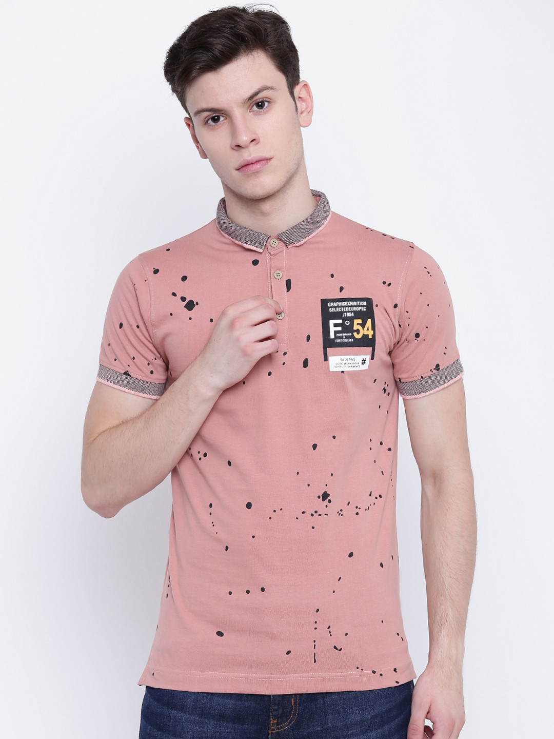 Buy Fort Collins Men Dusty Pink Printed Polo Collar T Shirt Tshirts