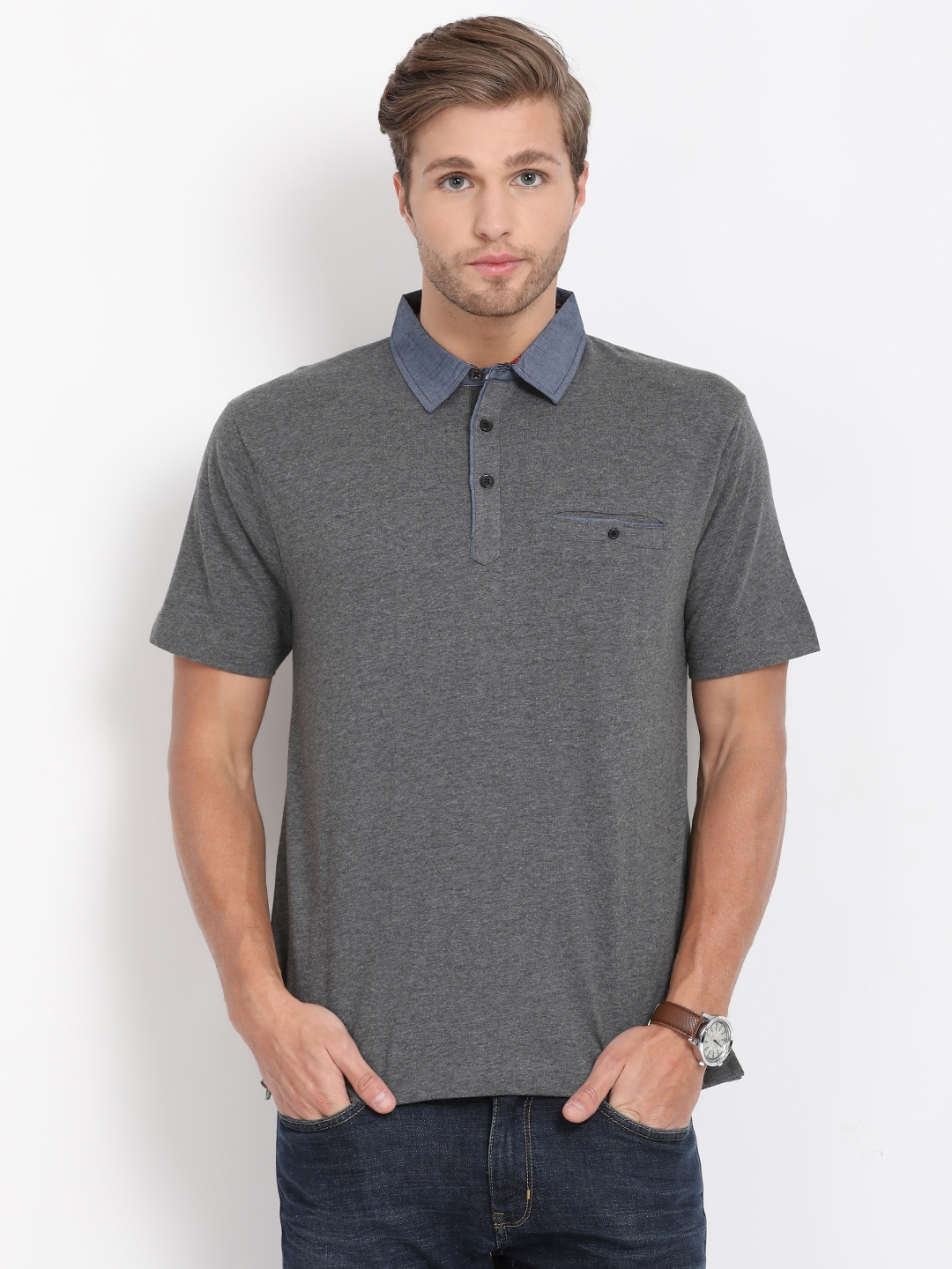 Buy Classic Polo Men Grey Solid Polo Collar T Shirt - Tshirts for Men ...