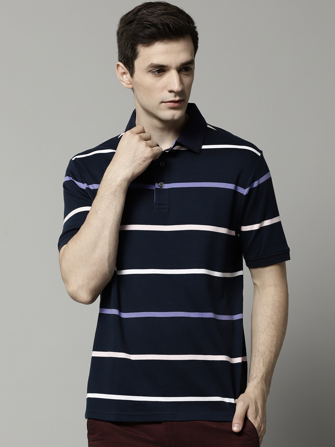 Buy Marks Spencer Men Navy Blue Striped Polo Collar Pure Cotton T Shirt