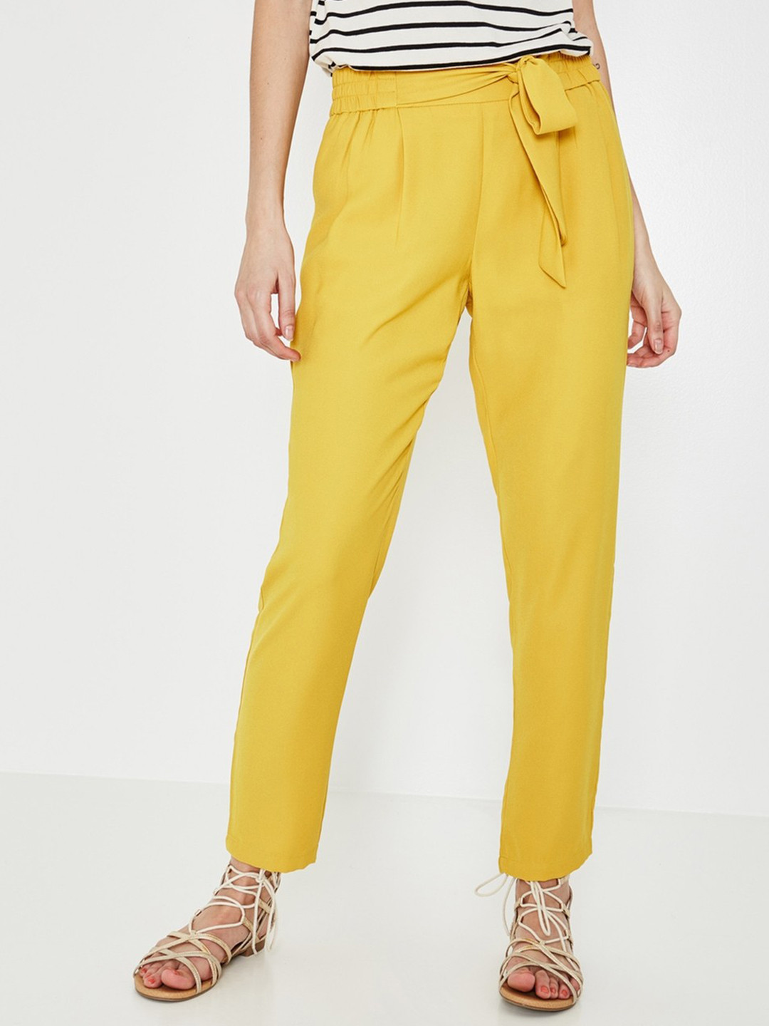 Buy Promod Women Mustard Yellow Regular Fit Solid Regular Trousers