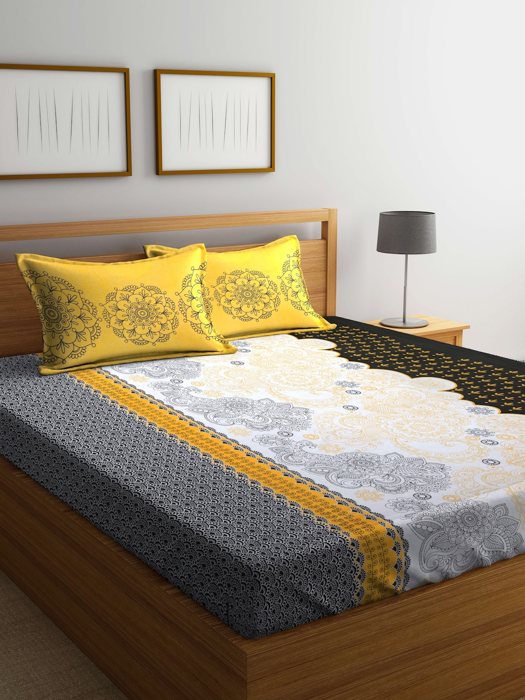 Buy BOMBAY DYEING Yellow & Grey Floral Flat 104 TC Cotton 1 King Bedsheet With 2 Pillow Covers