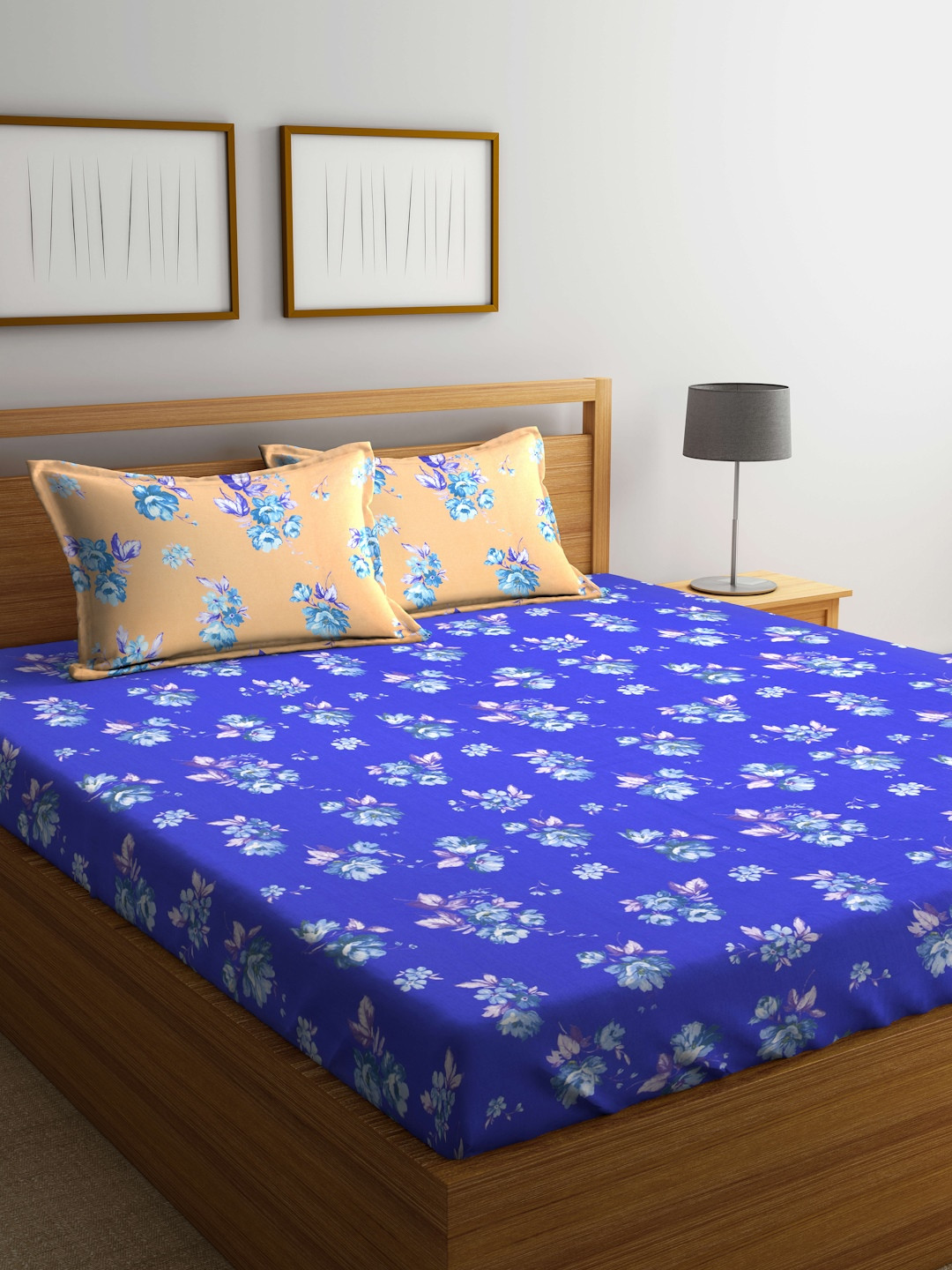 Buy BOMBAY DYEING Blue Floral Flat 120 TC Cotton 1 King Bedsheet With 2 Pillow Covers