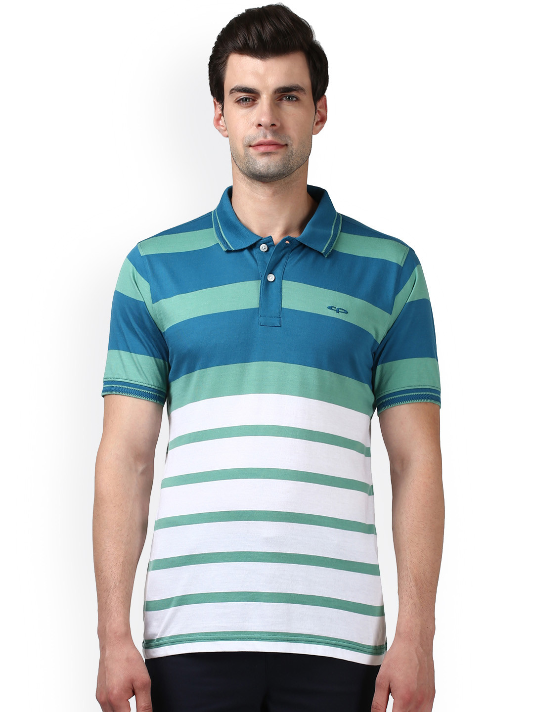 Buy ColorPlus Men Blue & Green Striped Polo Collar T Shirt Tshirts