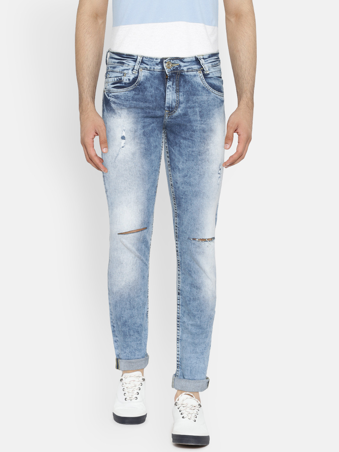 Buy Mufti Men Blue Super Slim Fit Mid Rise Mildly Distressed