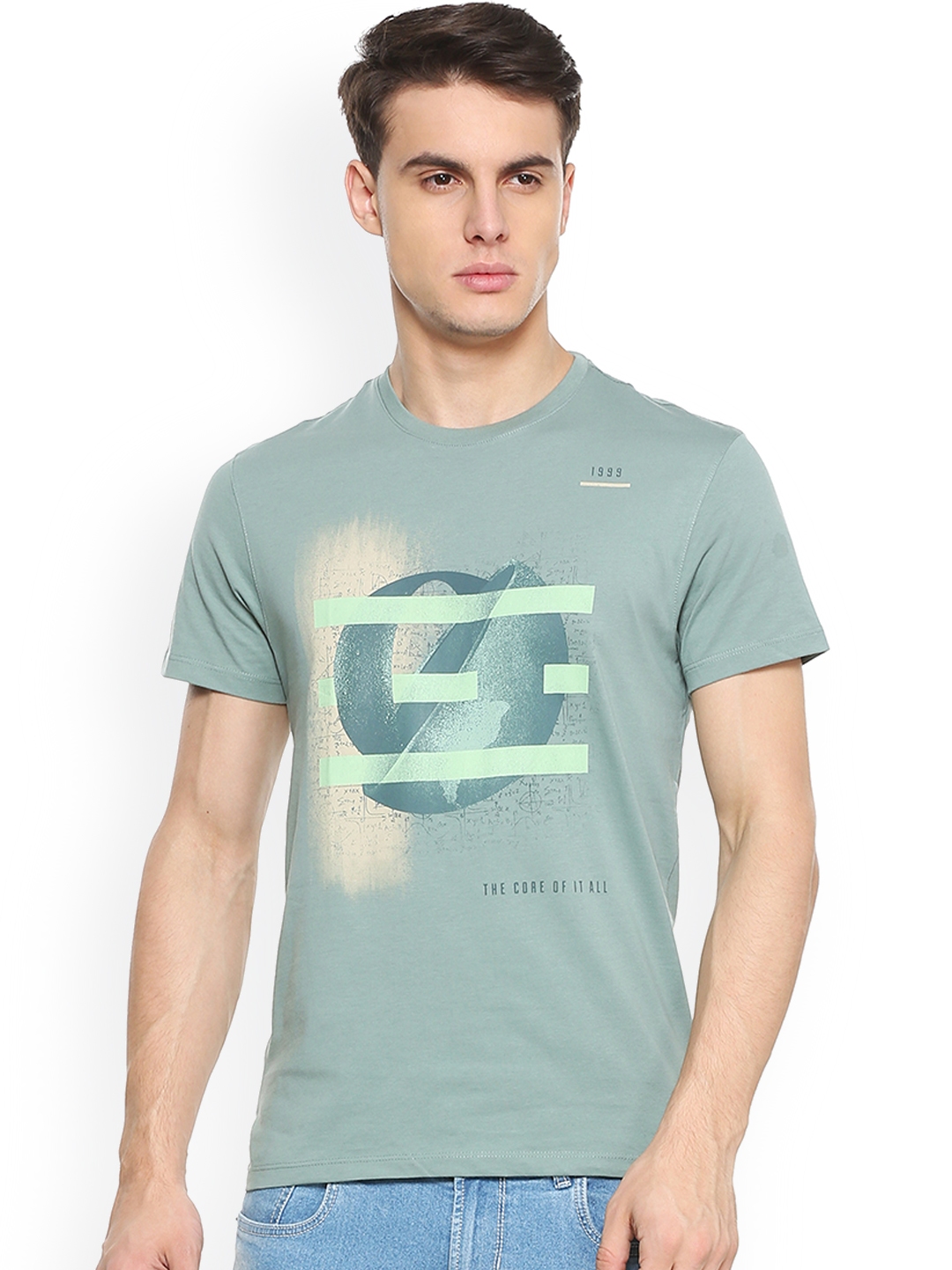 Buy Peter England Casuals Men Green Printed Round Neck T Shirt ...