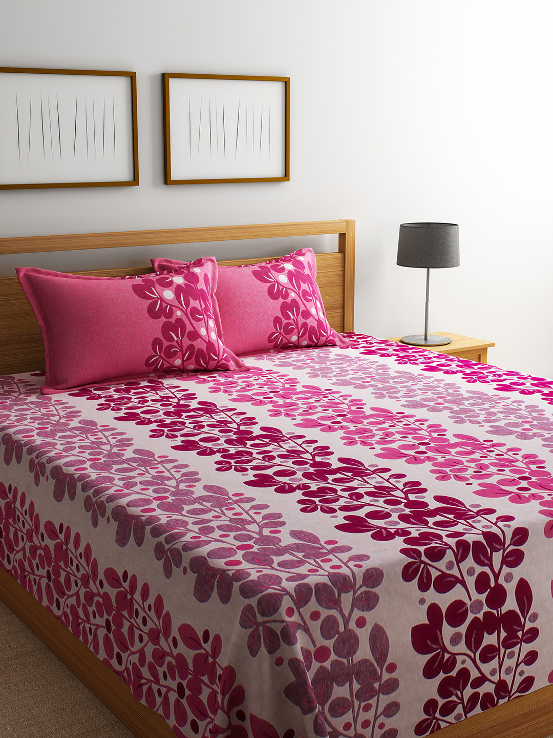 Buy Romee Pink & White Printed Reversible 220 TC Bed Cover With 2