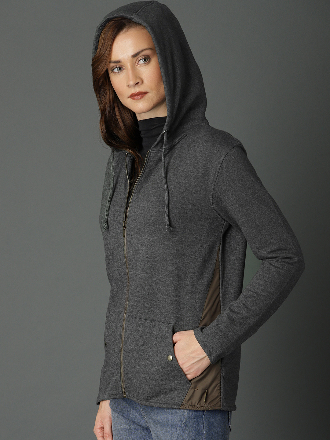 Buy Roadster Women Charcoal Solid Hooded Sweatshirt Sweatshirts for