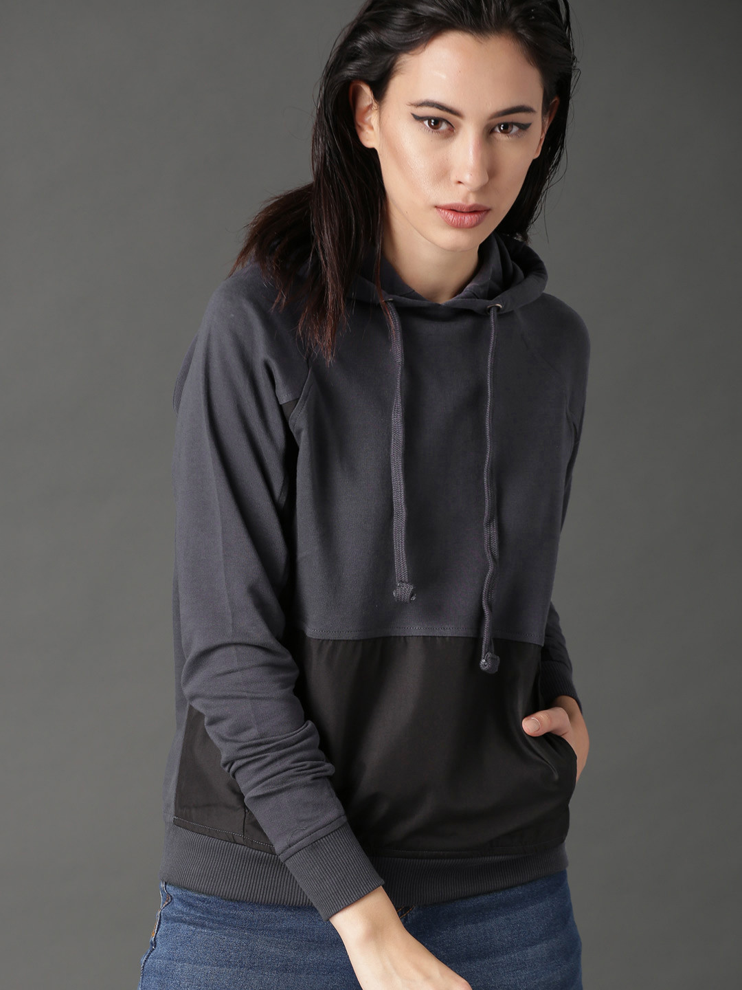 Buy Roadster Women Navy & Black Colourblocked Hooded Sweatshirt