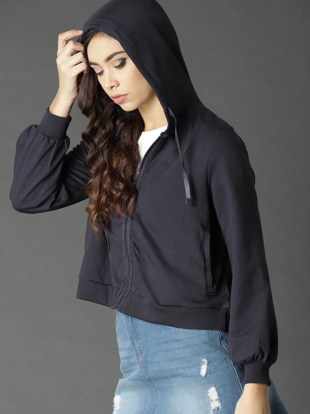 Buy Roadster Women Navy Blue Solid Hooded Sweatshirt Sweatshirts