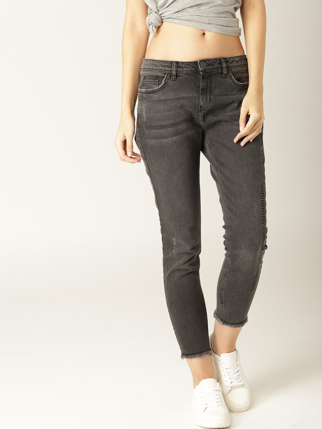 Buy ESPRIT Women Charcoal Grey Skinny Fit Mid Rise Low Distress
