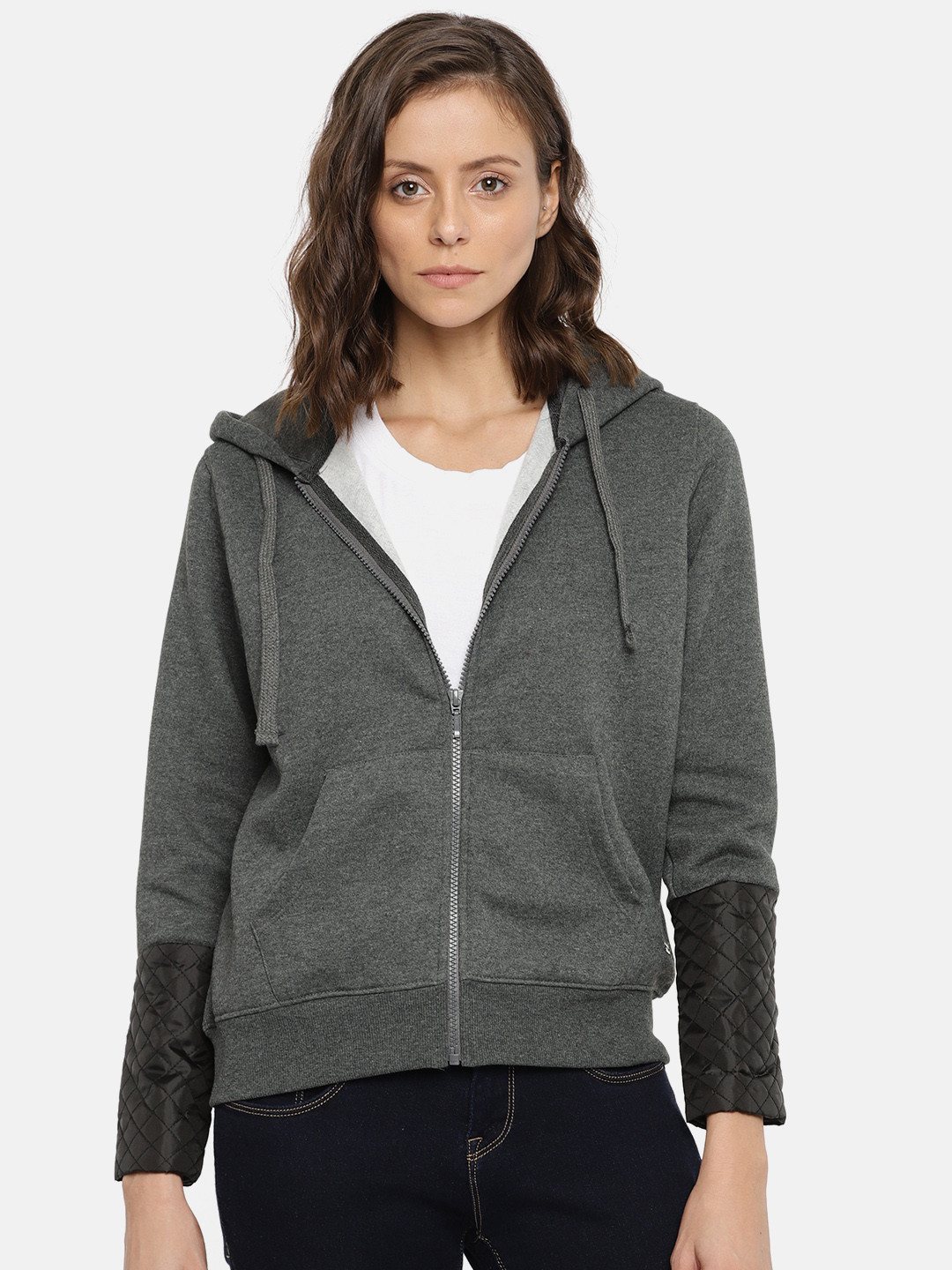 Buy Roadster Women Charcoal Grey Solid Hooded Sweatshirt Sweatshirts