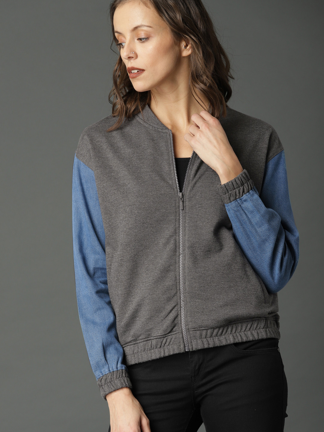 Buy Roadster Women Charcoal Solid Sweatshirt Sweatshirts for Women