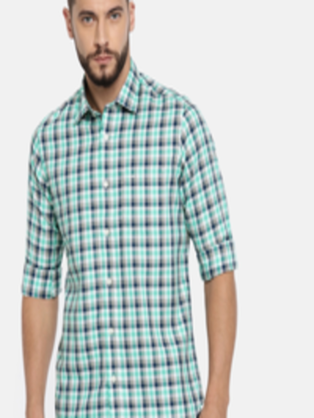 Buy ColorPlus Men Green & Navy Blue Regular Fit Checked Casual Shirt ...