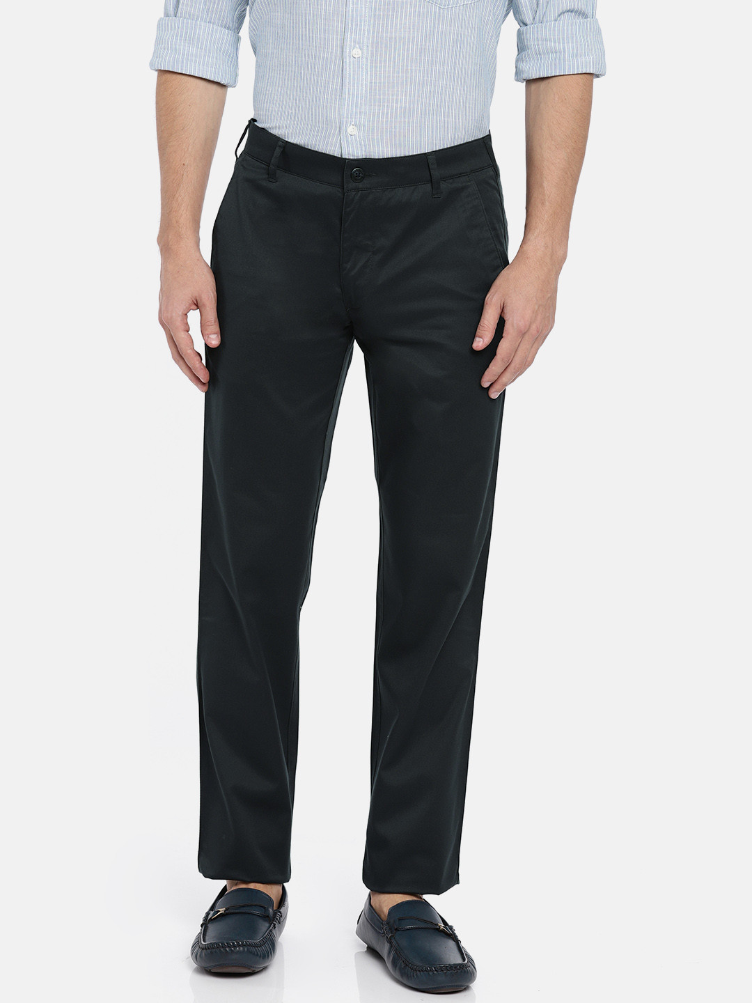 Buy ColorPlus Men Navy Tailored Regular Fit Solid Chinos - Trousers for ...