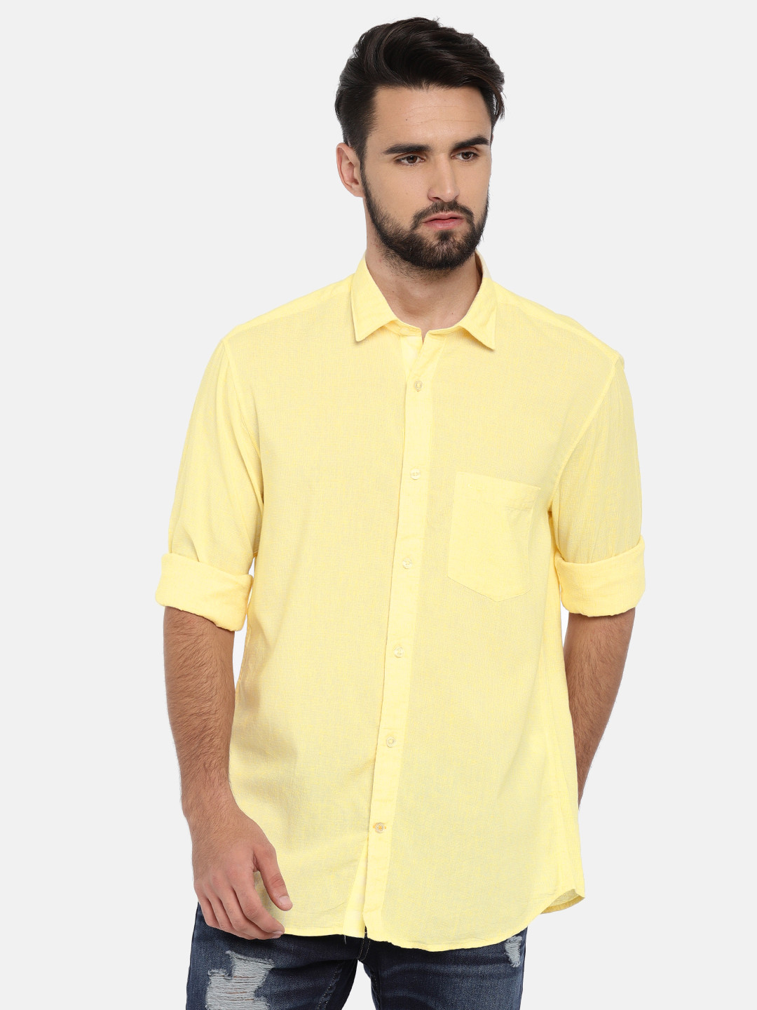 Men's Yellow Solid Casual Shirt