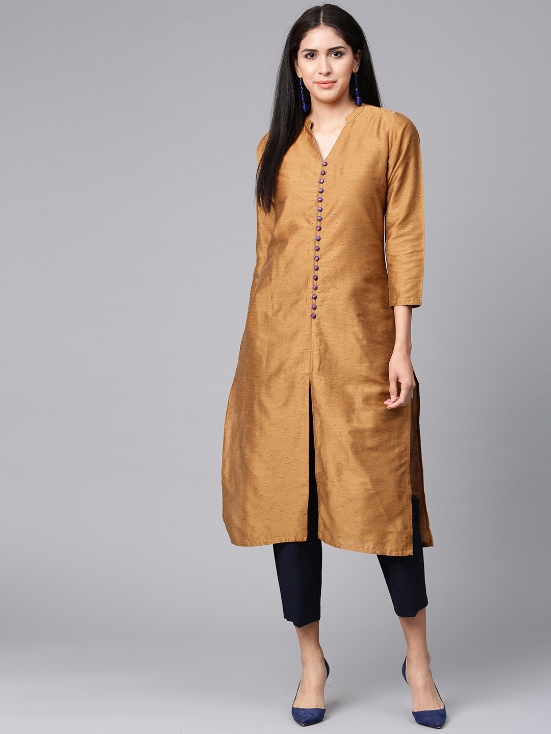 Buy Shree Women Mustard Brown Solid Straight Kurta Kurtas for Women