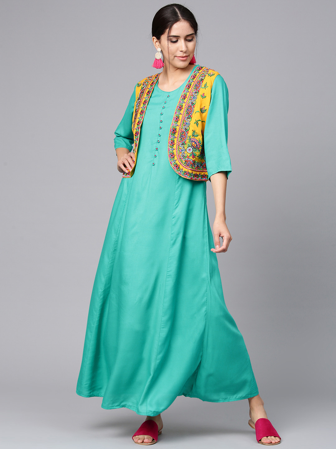 Buy Shree Women Green & Mustard Yellow Solid Maxi Dress With Ethnic
