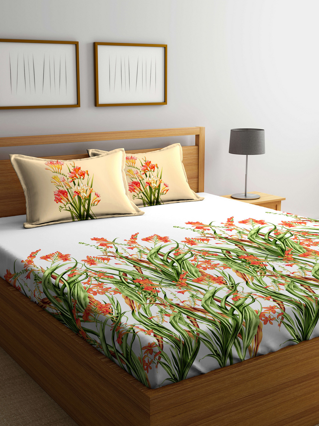 Buy Portico New York White & Red Floral Flat 210 TC Cotton 1 King