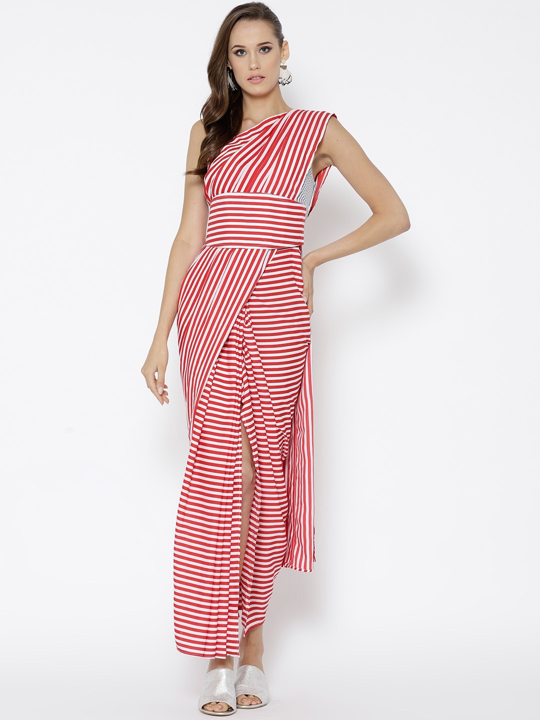 red and white striped saree online