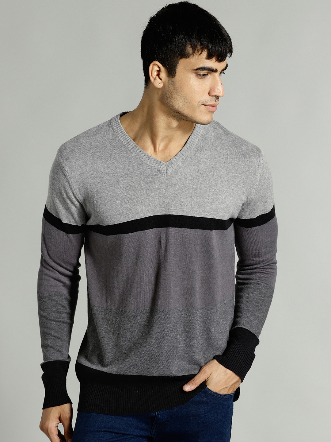 Buy Roadster Men Grey Striped Pullover - Sweaters for Men 6128217 | Myntra