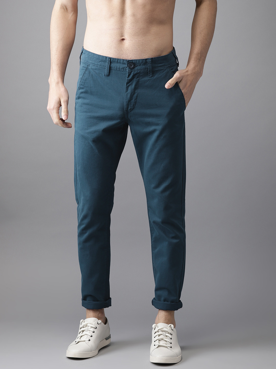 Buy HERE&NOW Men Blue Slim Fit Solid Regular Trousers - Trousers for ...