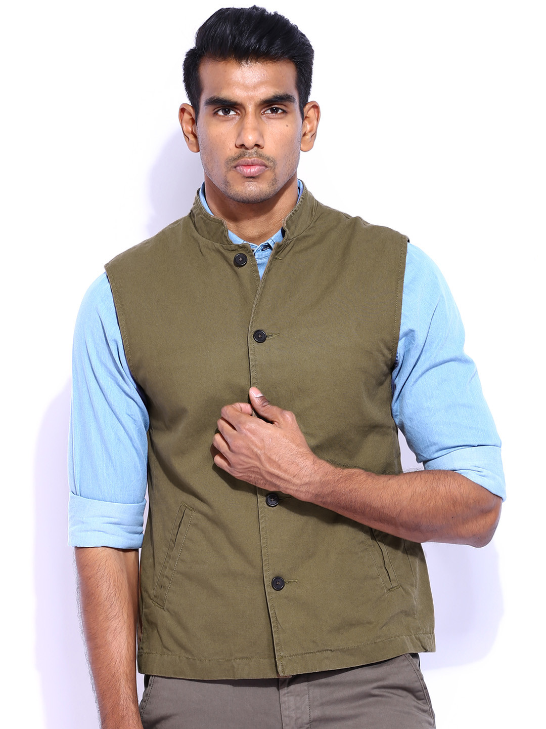 Buy Indian Terrain Brown Sleeveless Nehru Jacket Jackets for Men