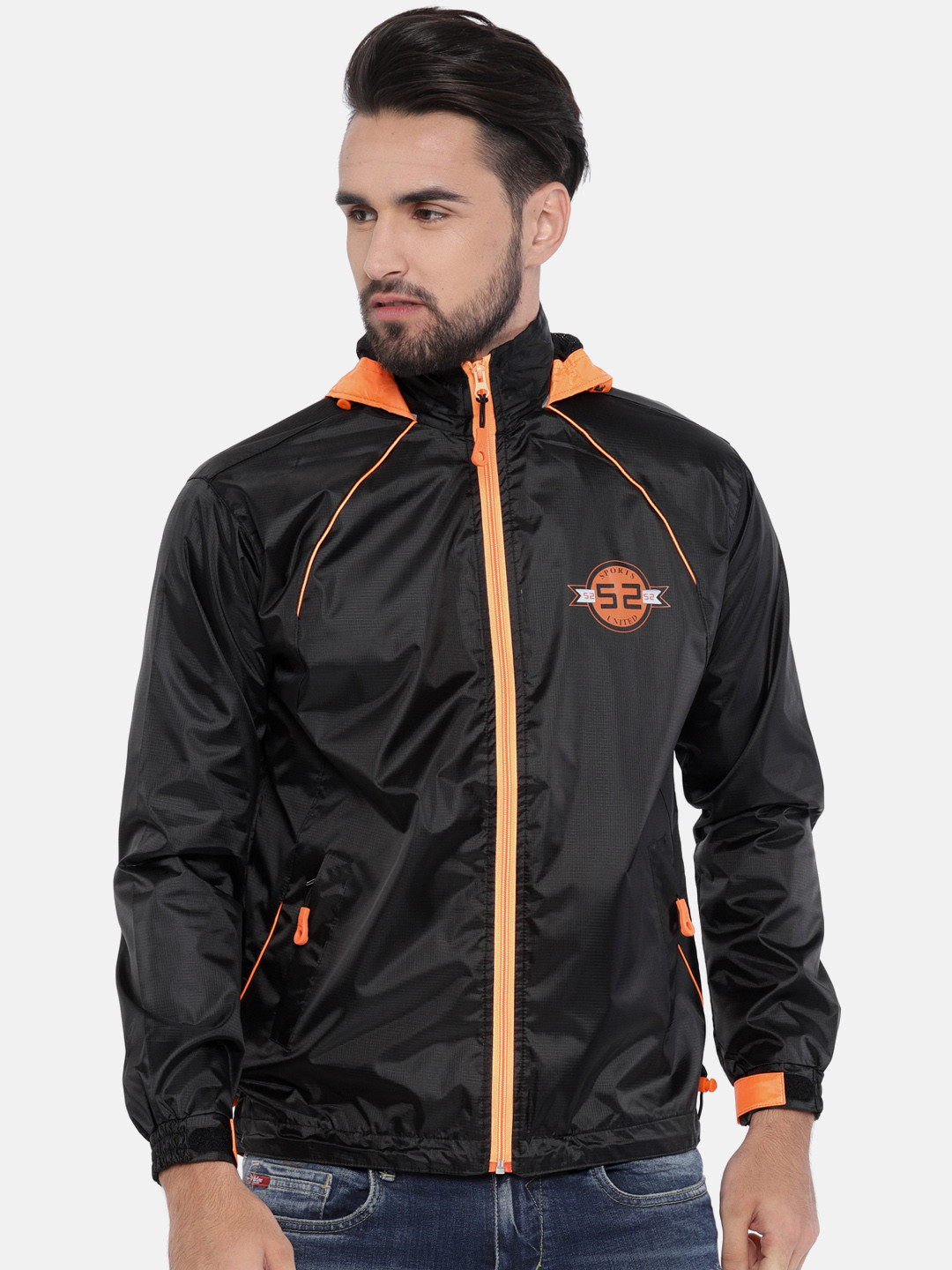 Buy Sports52 Wear Black & Orange Solid Rain Jacket Rain Jacket for