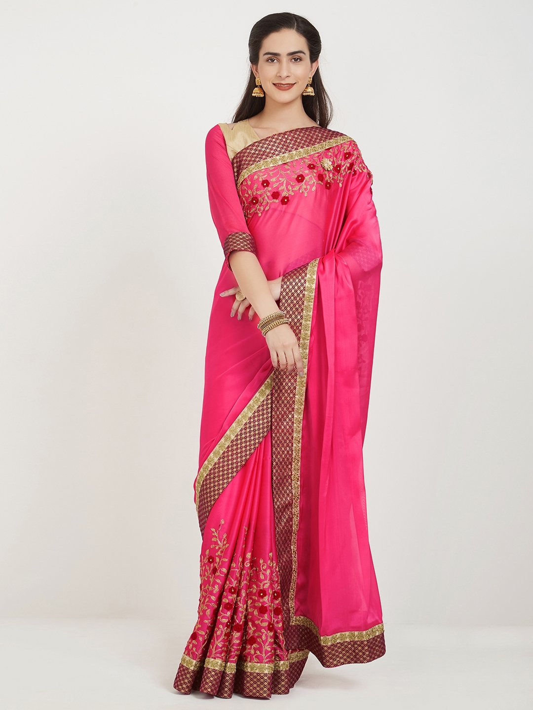 Buy Indian Women Pink Embroidered Pure Georgette Saree Sarees For