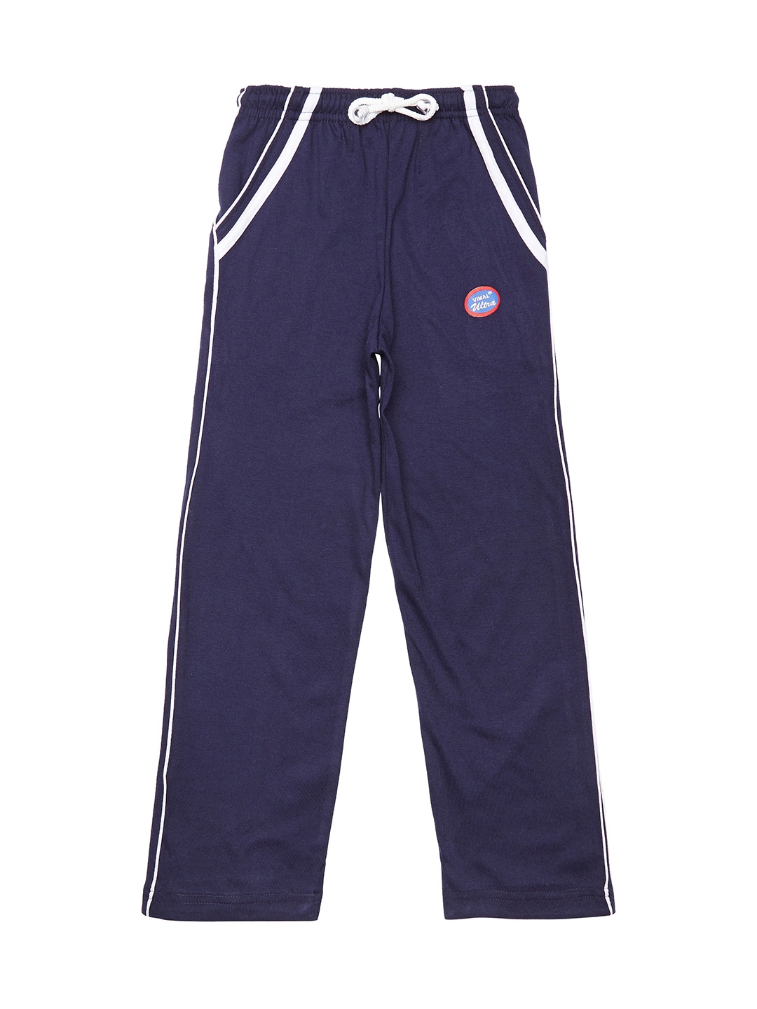 navy blue track pants with red stripe