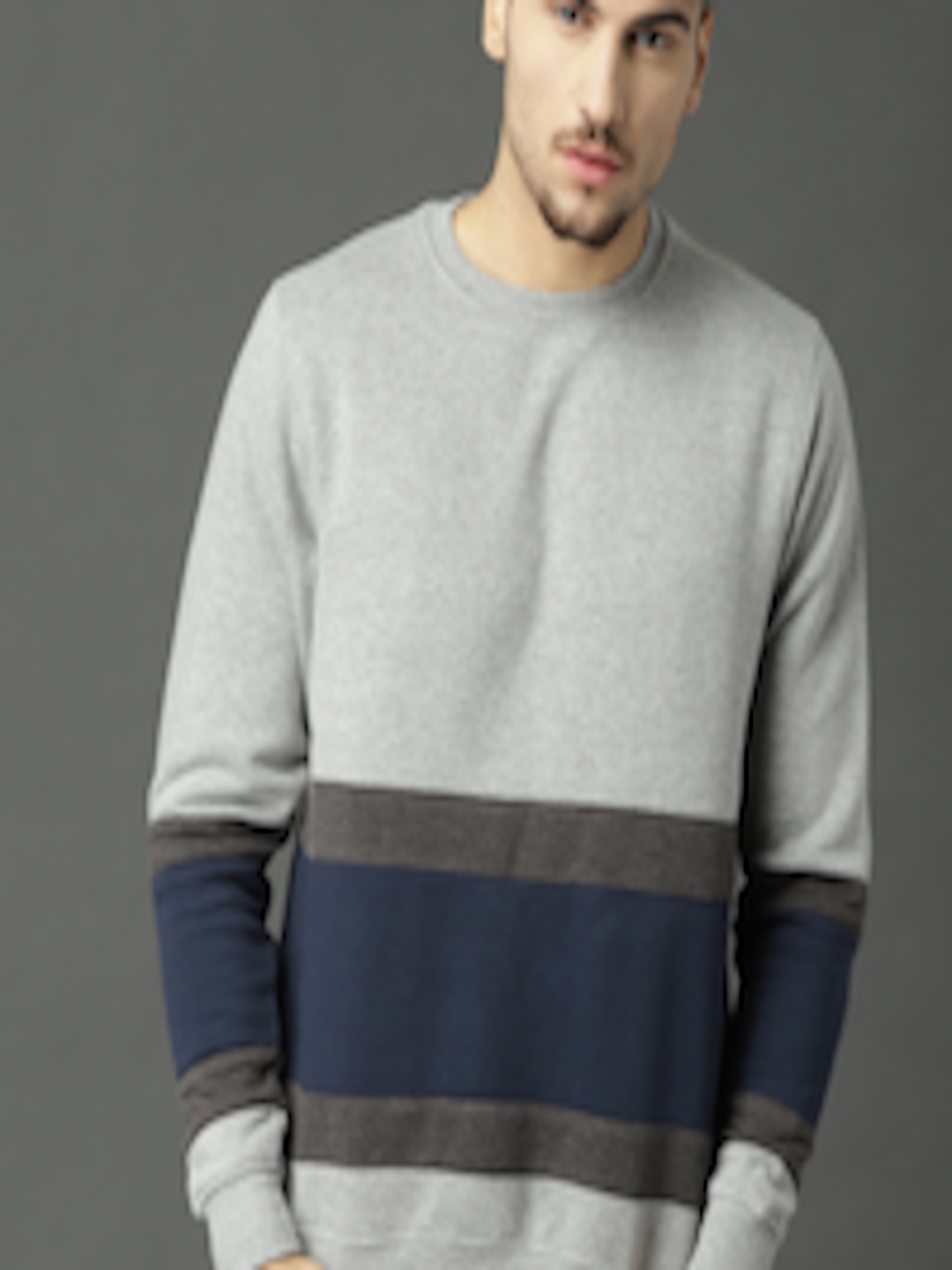 Buy Roadster Men Grey Melange & Navy Blue Colourblocked Sweatshirt ...