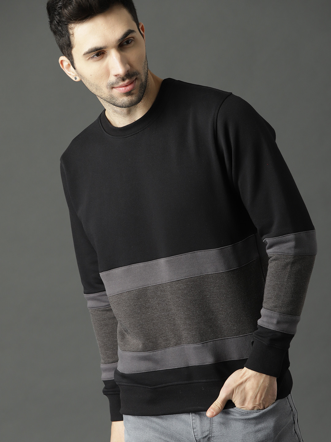 Buy Roadster Men Black & Charcoal Grey Colourblocked Sweatshirt