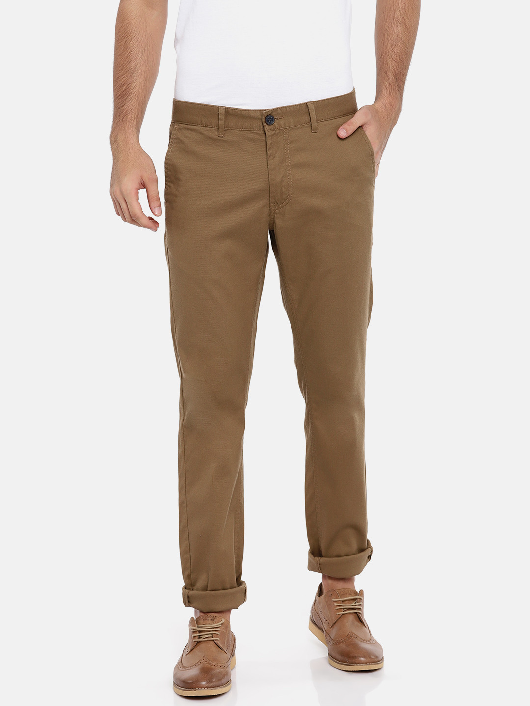 Buy Indian Terrain Men Khaki Brooklyn Slim Fit Solid Regular Trousers