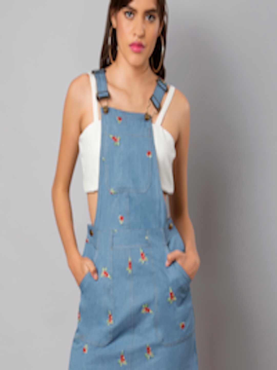 Buy FabAlley Women Denim Blue Printed Pinafore Dress - Dresses for ...