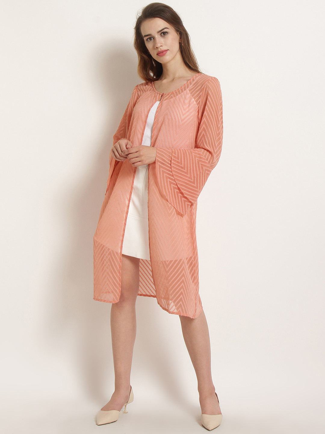 Buy RARE Peach Coloured Self Design Open Front Shrug Shrug for Women 6518299 Myntra