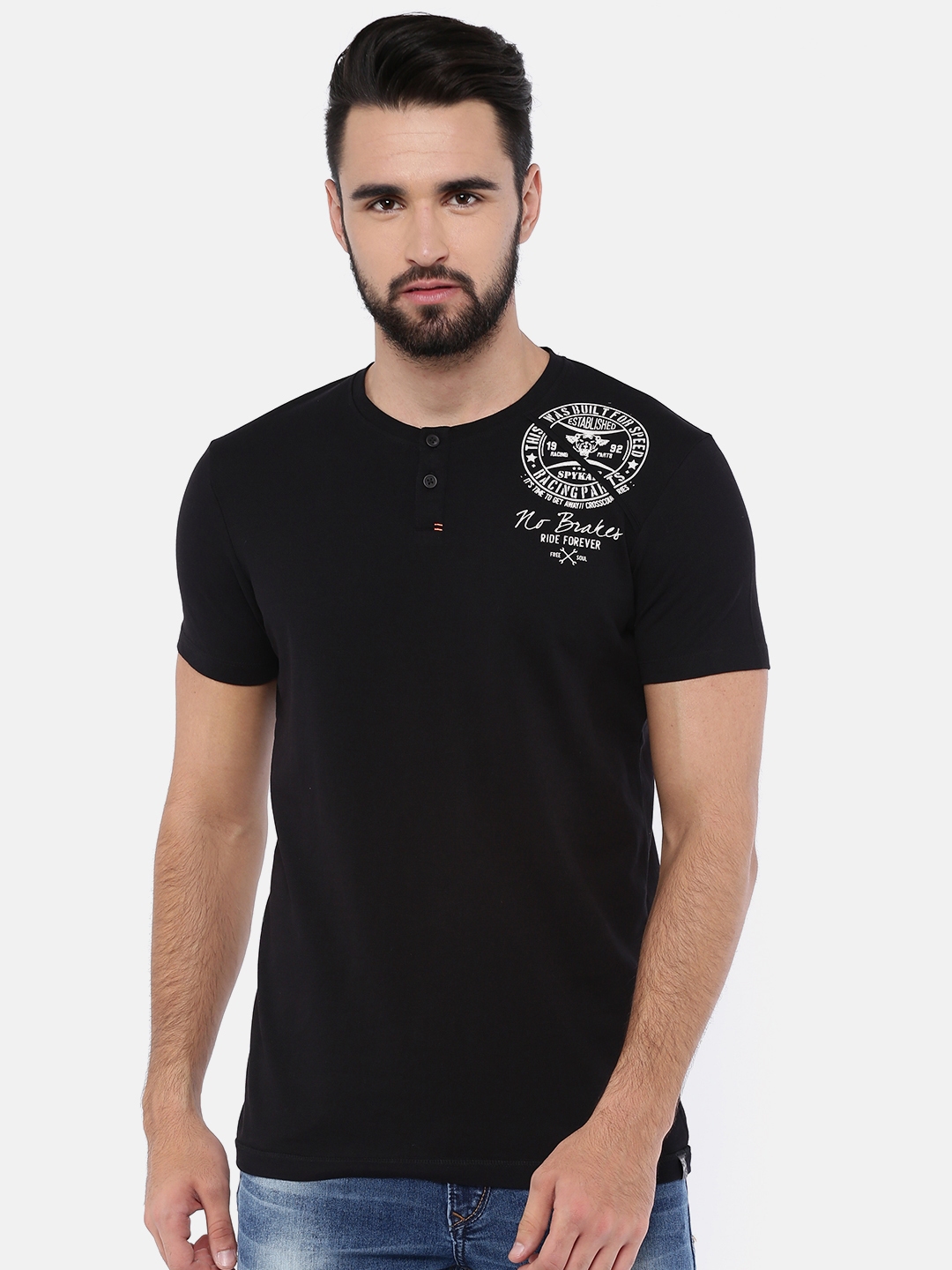 Buy SPYKAR Men Black Solid Henley Neck Pure Cotton T Shirt - Tshirts ...