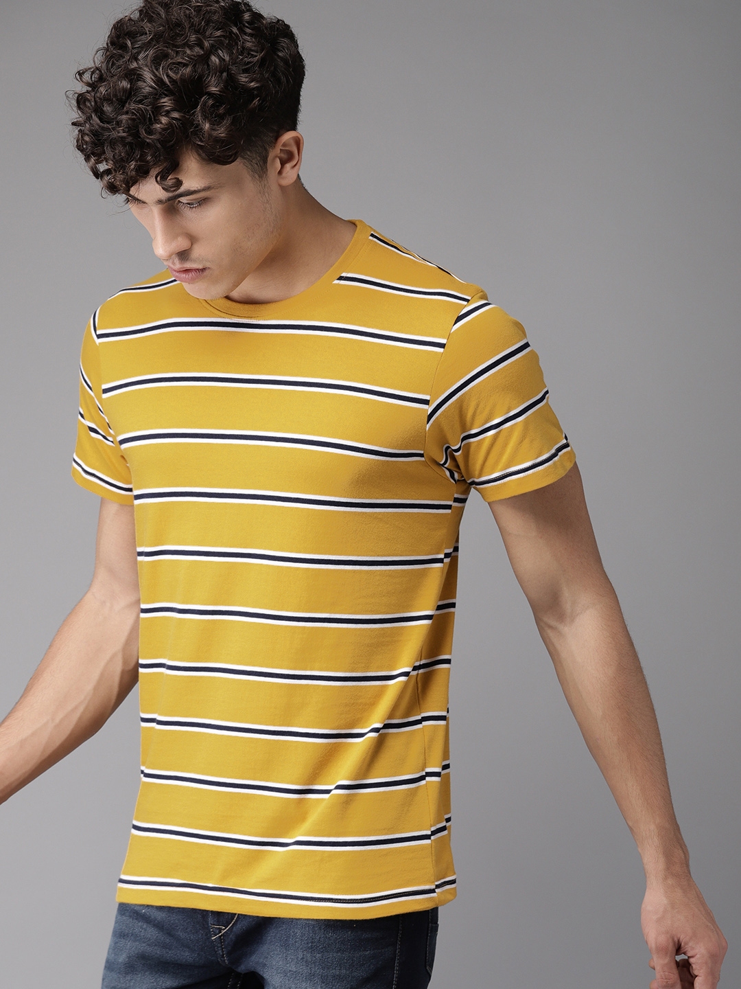 striped men dark blue yellow t shirt